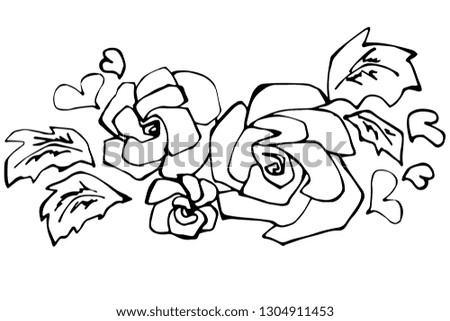 Vector isolated monochrome line colorless roses with hearts and leaves for st valentine's day
