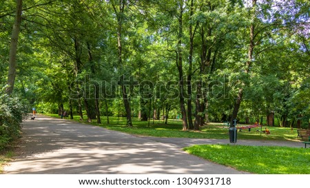 Park on the Golden Age housing estate, Kraków, Poland Royalty-Free Stock Photo #1304931718