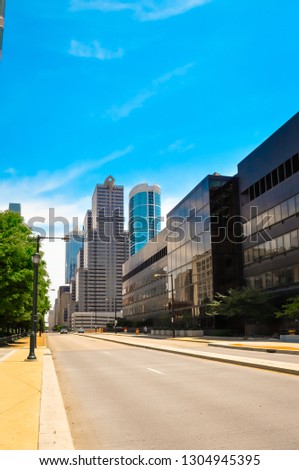 Philadelphia or Philly skyline with business and financial downtown skyscrapers from a busy road on a sunny clear day in summer. Beautiful panoramic view of Philadelphia, Pennsylvania cityscape.
