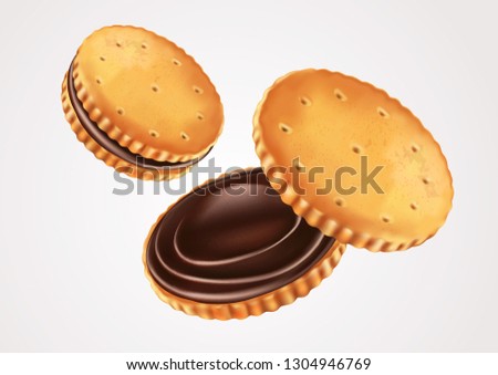 Sandwich cookies chocolate isolated on solid color background, Realistic vector 3D illustration. Of free space for your texts and branding.