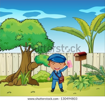 Illustration of a mailman near the wooden mailbox
