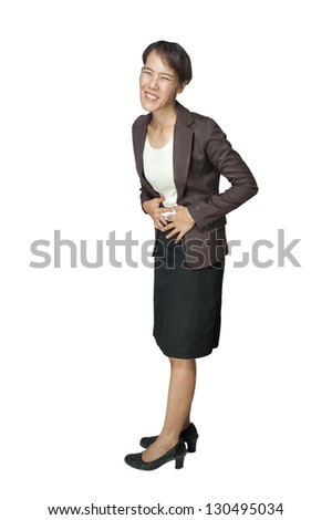 business woman tummy ache on a white background