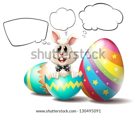 Illustration of a bunny inside a cracked egg with empty callouts on a white background