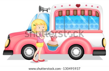 Illustration of a young girl beside the pink bus on a white background