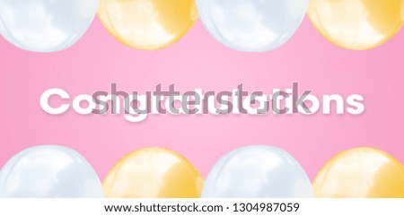 Abstract flat lay gold and white balloons on pastel pink wide background with text concept for Congratulations