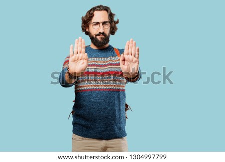 young hippie man stop gesture