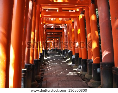 Fushimi Inari Taisha Shrine in Kyoto, Japan, famous for its many bright orange torii gates