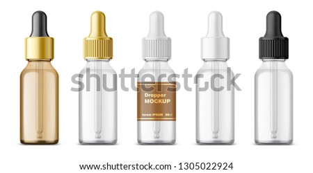 Realistic dropper glass bottle set. Cosmetic blank vials for liquid drug. transparent bottles template with colorful glossy and matt cap. 3d Vector mockup package isolated on white background Royalty-Free Stock Photo #1305022924