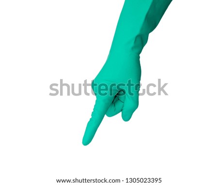 Hand in latex long glove showing something down
