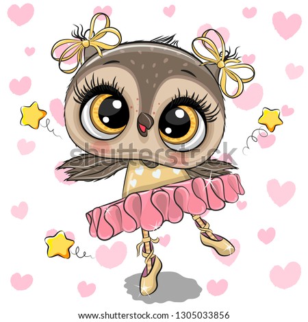Cute Cartoon Owl Ballerina on a hearts background
