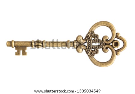 Old key isolated on white background Royalty-Free Stock Photo #1305034549