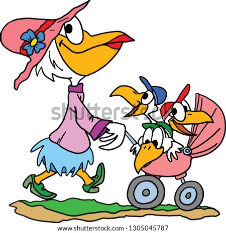 Cartoon pelican mother taking her triplets for a walk in the park vector illustration