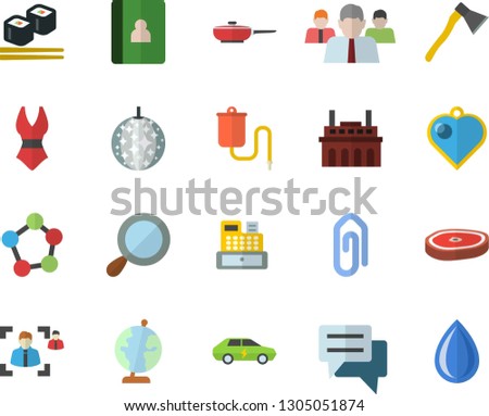 Color flat icon set ax flat vector, frying pan, chop, fish rolls, plant, electric cars, team, chat, cash machine, medical warmer, molecules, recruitment, globe, swimsuit, disco ball fector, clip
