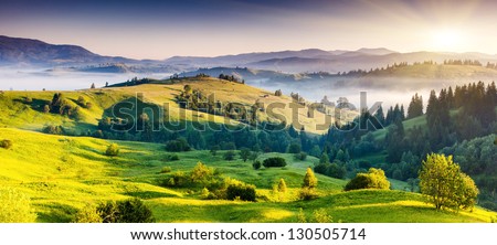 Majestic sunset in the mountains landscape. Dramatic sky. Carpathian, Ukraine, Europe. Beauty world. Royalty-Free Stock Photo #130505714