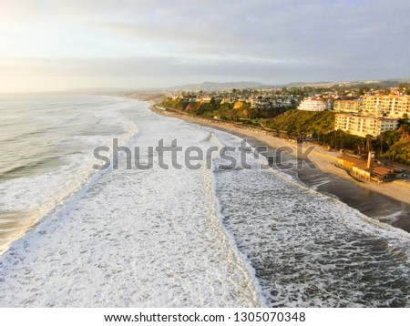 Aerial view of San Clemente beach and coastline before sunset time . San Clemente city in Orange County, California, USA. Travel destination in the South West Coast. Famous beach for surfer.