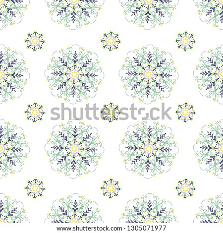 Seamless vintage floral vector pattern on textiles with circular color and smooth lines. white background