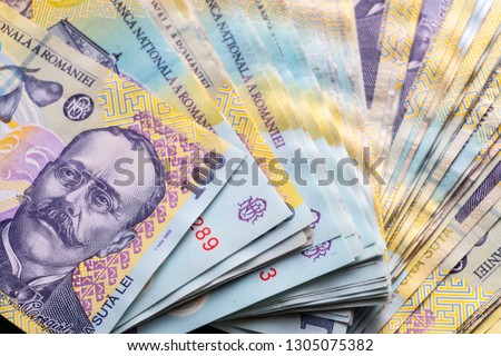 Romanian banknotes, close-up. RON Leu Money European Currency. Romania Value. Romanian banknotes as background. Lei is the national currency of Romania RON Leu Money European Royalty-Free Stock Photo #1305075382