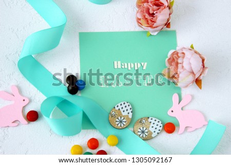 happy Easter background. Easter greeting card with eggs and bunny.