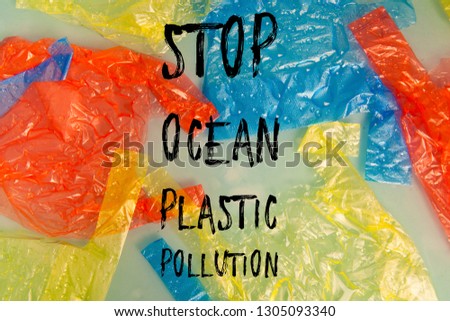 Stop ocean plastic pollution. Plastic garbage (bag) in the ocean graphic design. Water waste problem creative concept. Eco problem banner with restrictive sign.