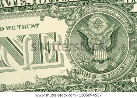 Part of one dollar banknote background, back side. High resolution photo close-up macro.