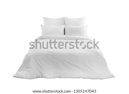 White bed isolated, white bed linen isolated, bed with pillows an duvet isolated Royalty-Free Stock Photo #1305147043