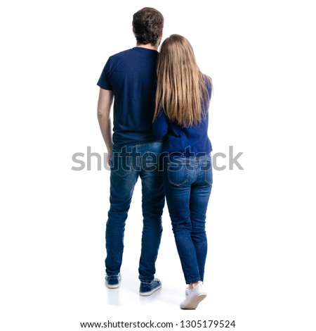 Man and woman hold hands on white background isolation, back view