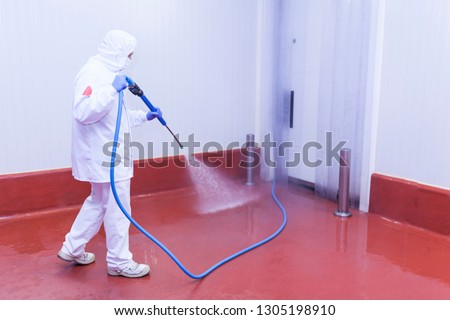 worker of the cutting room washing the cold room with water pressure equipment and dressed in hygienic clothing Royalty-Free Stock Photo #1305198910