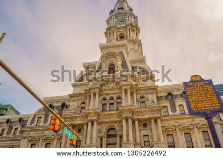 Philadelphia's city hall at Broad street downtown. Philly's famous city center with governmental buildings on a sunny summer day.