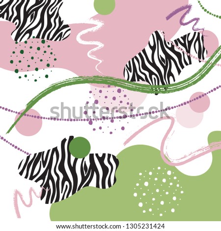 Abstract vector background with rough brush strokes, grain,  hand drawn zebra texture and minimalist elements. 
Suitable for greeting cards, invitations, banners, web, covers, brochures, flyers.