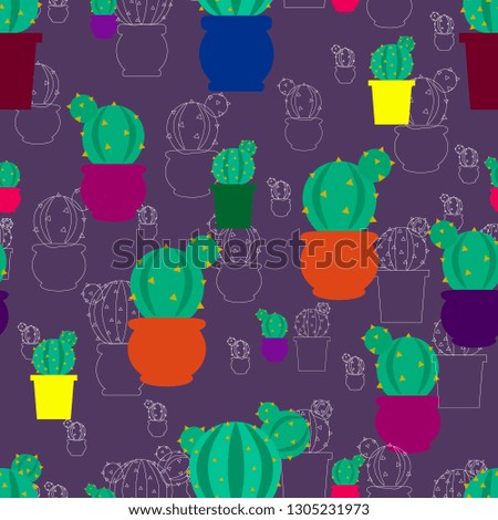 Violet seamless pattern with different cactuses