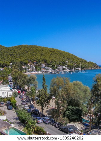 Aerial view to the north from Poros island in the Saronic Gulf in Greece. Amazing landscape view with Mediterranean colors in a sunny Summer day. Beautiful Greek seascape view over the Saronic gulf