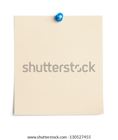 Single piece of paper, empty for copy space, pinned with a thumb tack. Isolated on white background.