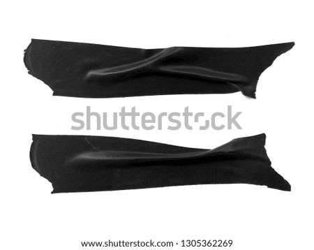 Torn black sticky tape on white background. Set of black tapes on white background. ( Black sticky tape, adhesive pieces or black tapes. Top view ) 