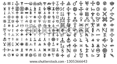 Big set of esoteric symbol design elements. Imaginary handwritten alchemy signs, space, spirituality, inspired by mysticism, freemasonry, astrology. Vector .