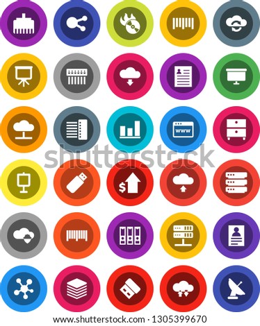White Solid Icon Set- presentation vector, archive, personal information, graph, dollar growth, binder, board, barcode, music hit, social media, network server, cloud, shield, exchange, big data