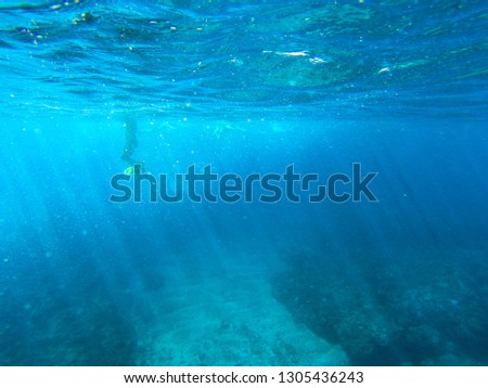Tropical sea water landscape with coral reef and snorkel in fins. Shallow sea water with sun beams. Blue seawater landscape. Snorkeling in tropical seaside. Sun rays in water banner template