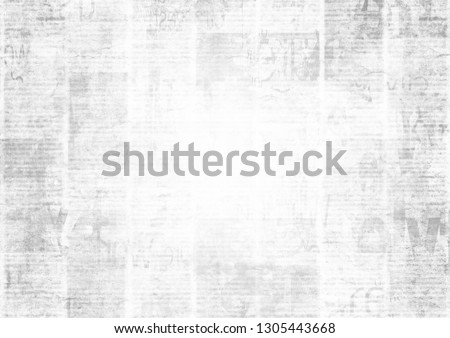 Newspaper with old unreadable text. Vintage grunge blurred paper news texture horizontal background. Textured page. Gray black white collage. Space for text.