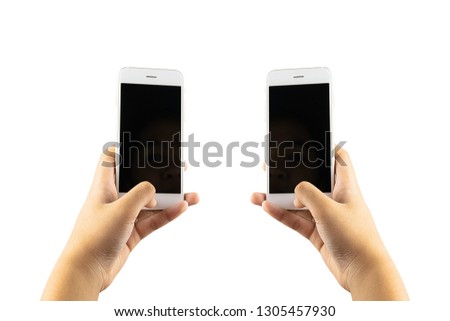 Two smartphones with an isolated black screen for website or product mock up in woman hand.  