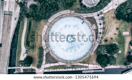 Jacksonville aerial overhead view of city fountain, Florida.