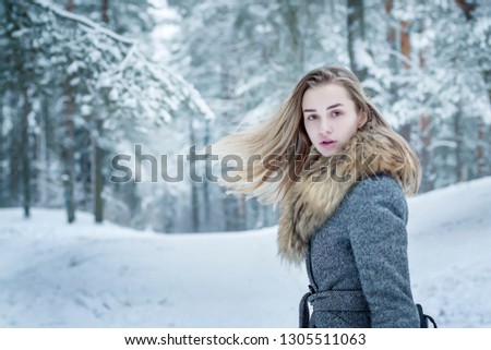 A stylishly dressed, beautiful girl in a gray coat with a fur collar against the background of a winter forest, turns around in a movement backwards. The blond hair locks in the wind. Snowflakes fall 