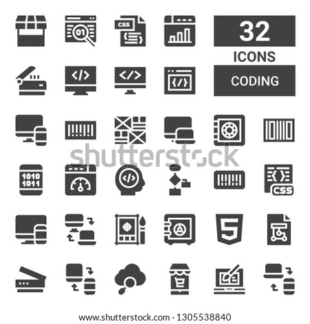 coding icon set. Collection of 32 filled coding icons included Responsive, Web design, Market, Seo, Scanner, Wireframe, Html, Safe box, Css, Barcode, Algorithm, Programmer, Web optimization
