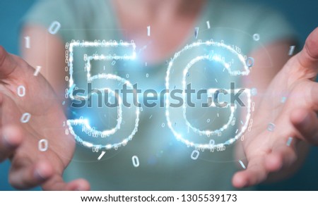 Businesswoman on blurred background using 5G network digital hologram 3D rendering