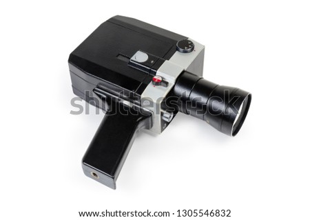 Old Super 8mm format amateur film movie camera powered by clockwork motor on a white background 
