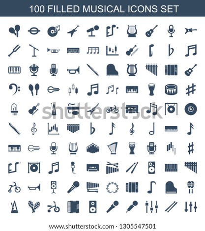 100 musical icons. Trendy musical icons white background. Included filled icons such as adjust, drum stick, microphone, loudspeaker, harmonic. musical icon for web and mobile.
