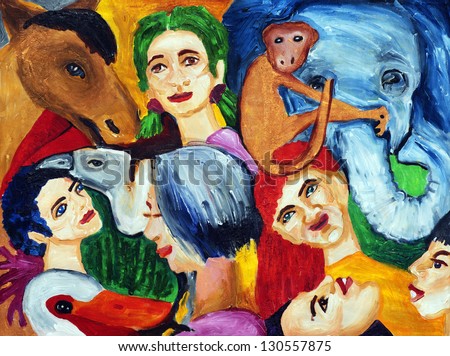 zoo, composition with animals and people, painting