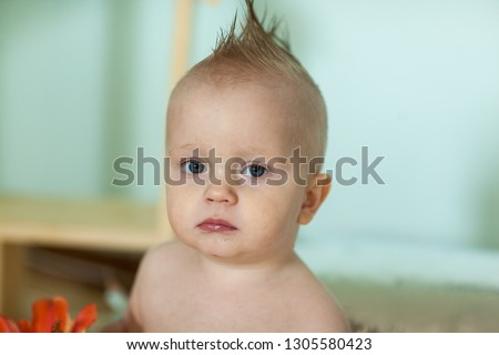 Image of cute baby boy, closeup portrait of adorable child isolated on white background, sweet toddler with blue eyes, healthy childhood, perfect caucasian infant, lovely kid, innocence concept 
