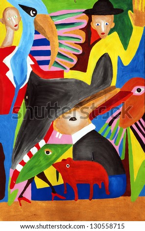 color composition with rabbit animals and humans, painting