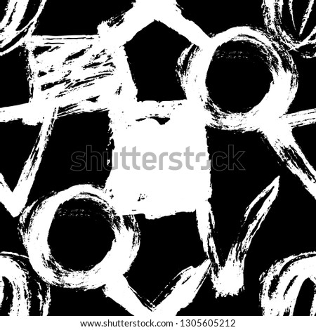 Seamless pattern. Vector abstract background. Black and white. Hand drawn geometric illustration with circles triangles squares and crosses. Sketch brush strokes.