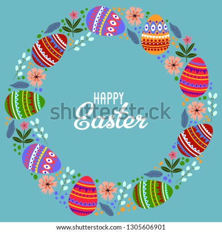 Happy Easter. Cartoon cute wreath of eggs and flowers with text. Vector illustration