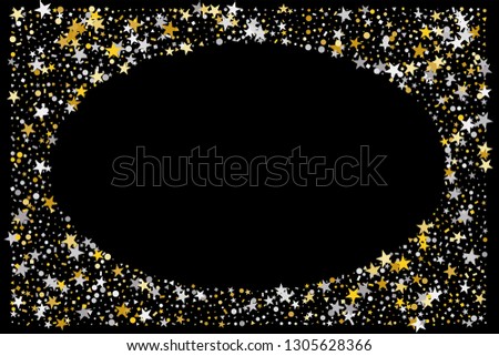 Oval frame or border Christmas gold and silver stars confetti falling, isolated on black. Magic shining flying stars and glitter dots sparkle cosmic backdrop